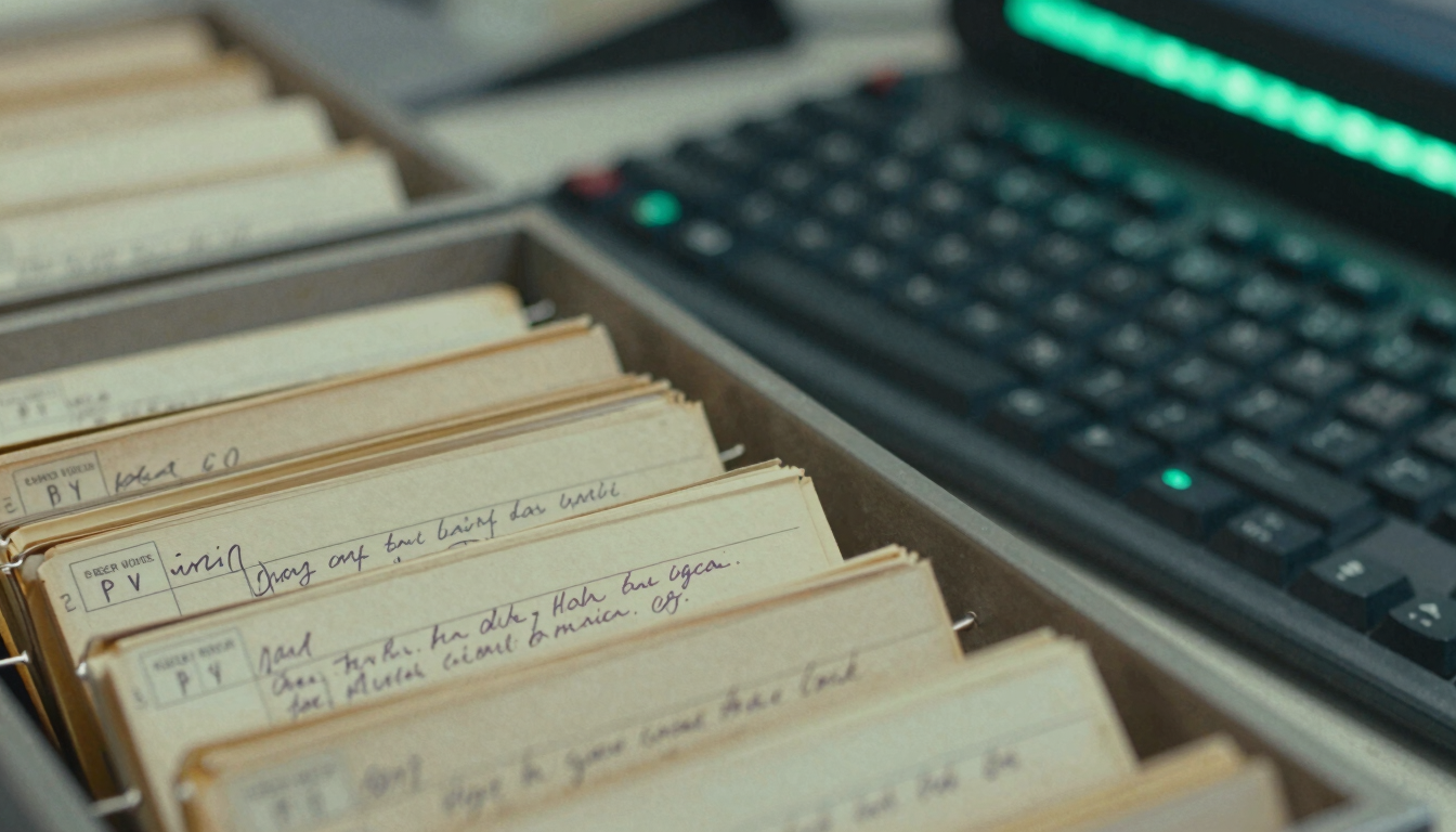 Macro close-up of a vintage library catalog card drawer with hand-written index cards next to a modern mechanical keyboard with a glowing green LED screen in the background, cool fluorescent lighting