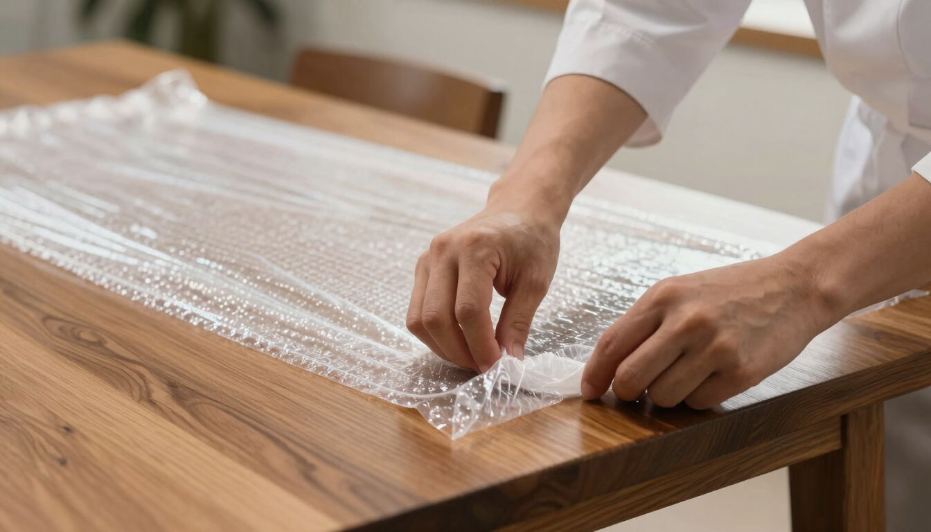 Close-up of hands in clean professional uniforms carefully wrapping the corners of a polished wooden dining table with thick protective bubble wrap, bright indoor lighting