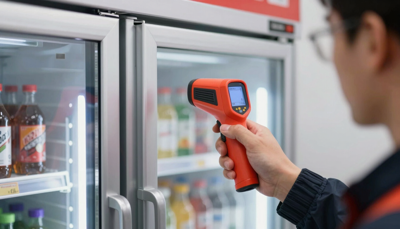 Sharp technical photography of a technician measuring temperature on a commercial refrigerated display case with a digital thermal camera, crisp metallic reflections, red accents, 35mm