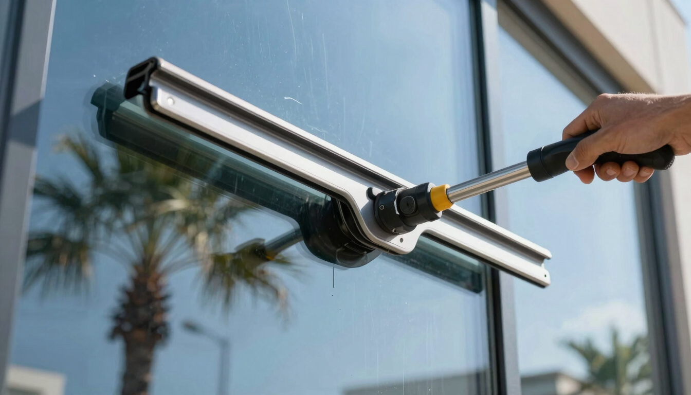 A close-up action shot of a professional window washing squeegee gliding across pristine, sunlit glass, reflecting a clear blue sky and palm trees