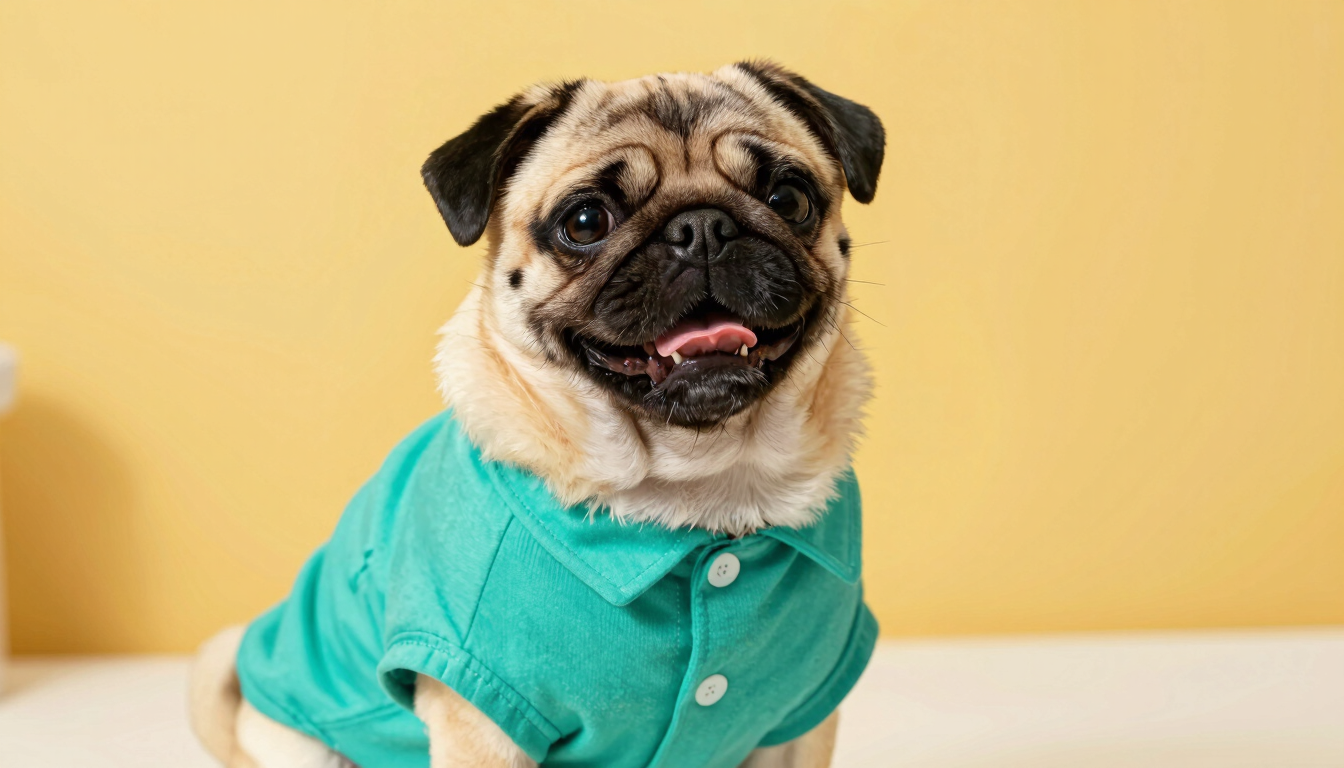A happy pug wearing a vibrant teal handmade shirt, sitting proudly in front of a warm yellow backdrop, soft natural light, close-up, 50mm