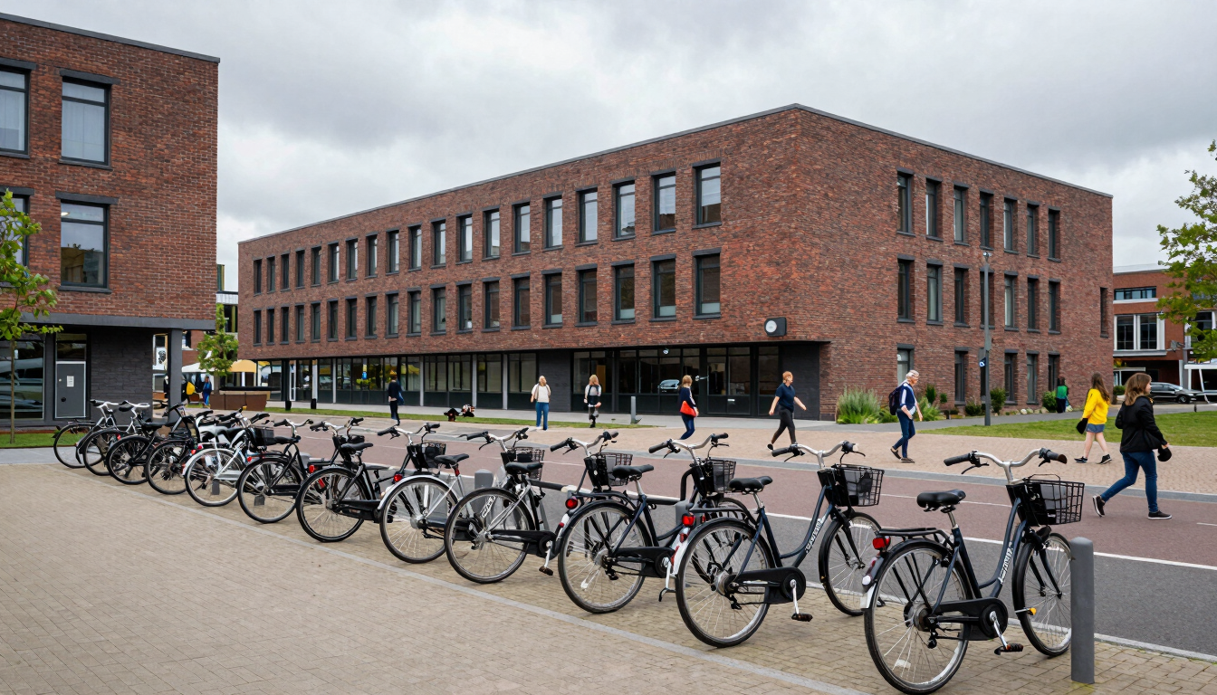 Wide environmental shot of a modern brick university campus in Utrecht, bicycle racks filled with bikes in the foreground, students walking in overcast northern European daylight, clean composition.