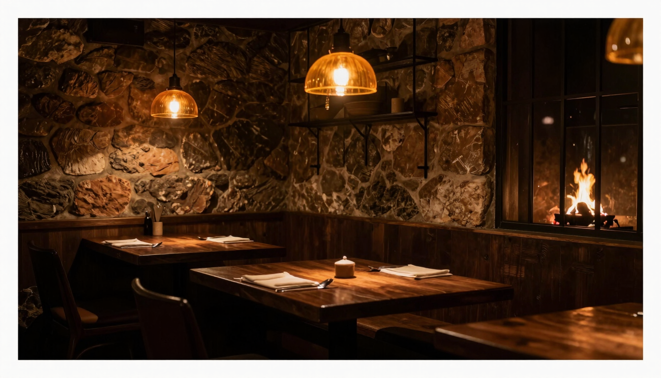 A cozy, dimly lit dining room corner in Barcelona, dark wood tables, amber hanging lamps casting a warm glow, rustic stone wall blended with modern iron accents, intimate atmosphere, 35mm lens