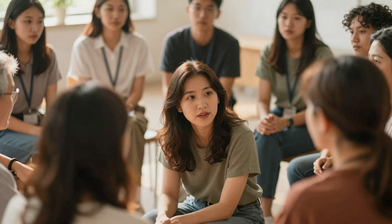 Warm close-up photo of community leaders, teachers, and volunteers sitting together in a circle, discussing plans, soft natural light, shallow depth of field.