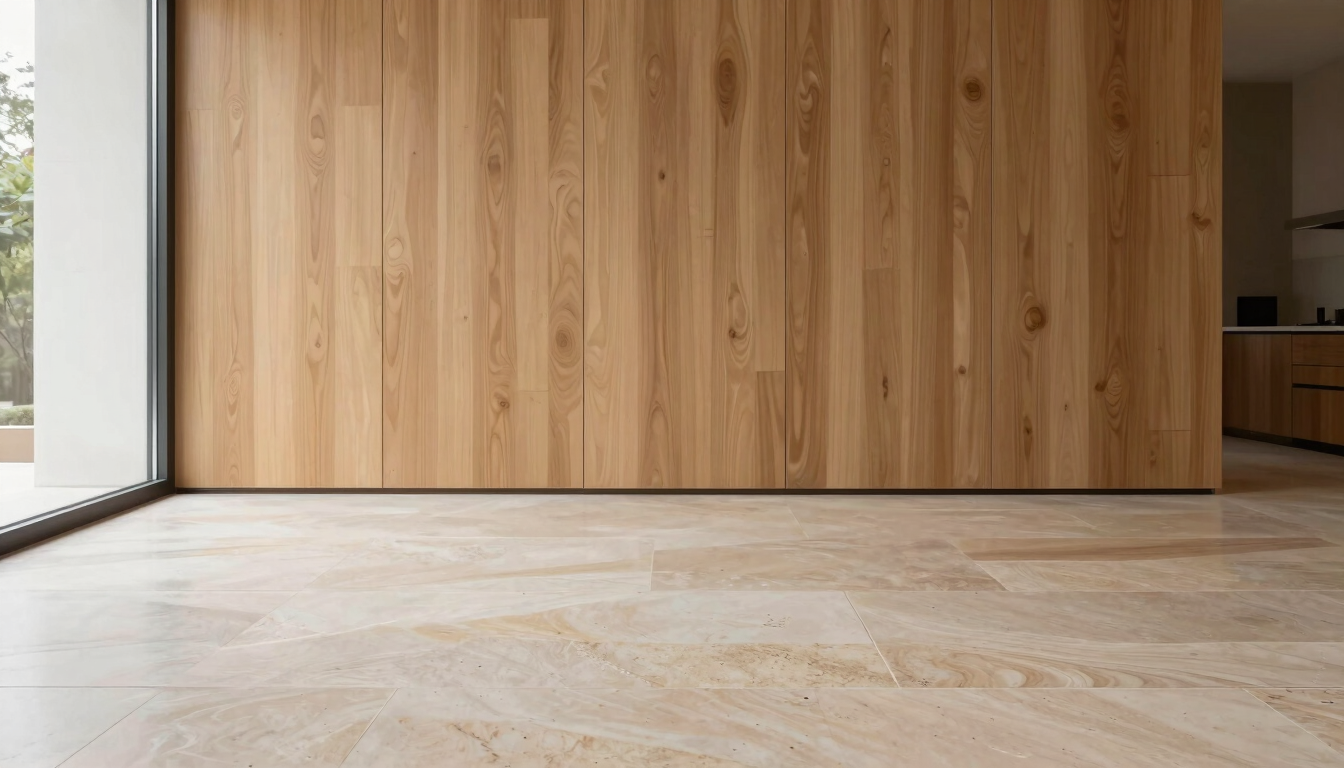 Bright daylight architectural shot of a minimalist home interior, showing polished limestone floors and clean wood paneling, pristine and dust-free.