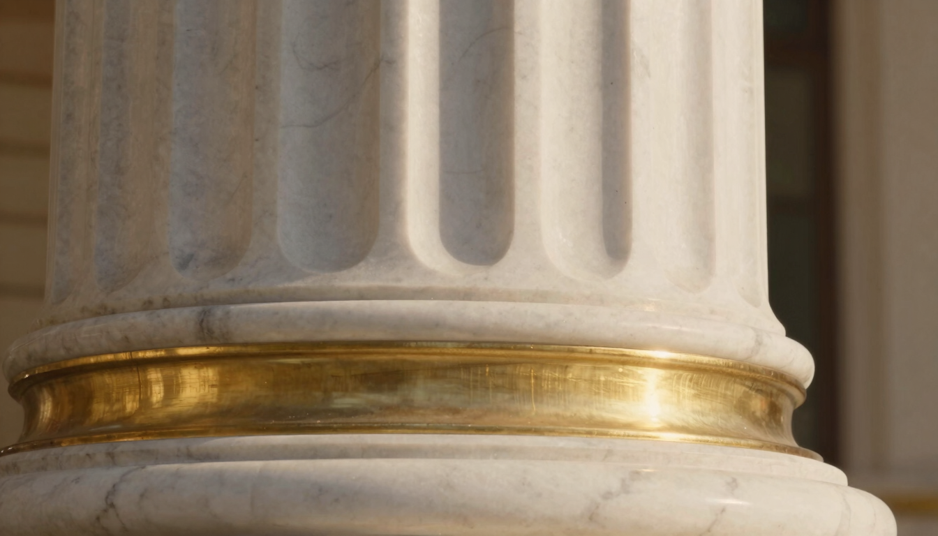 Extreme close-up of a premium white marble column with brushed brass inlay, warm golden hour light reflecting off the metallic edge, sharp architectural focus, 35mm.