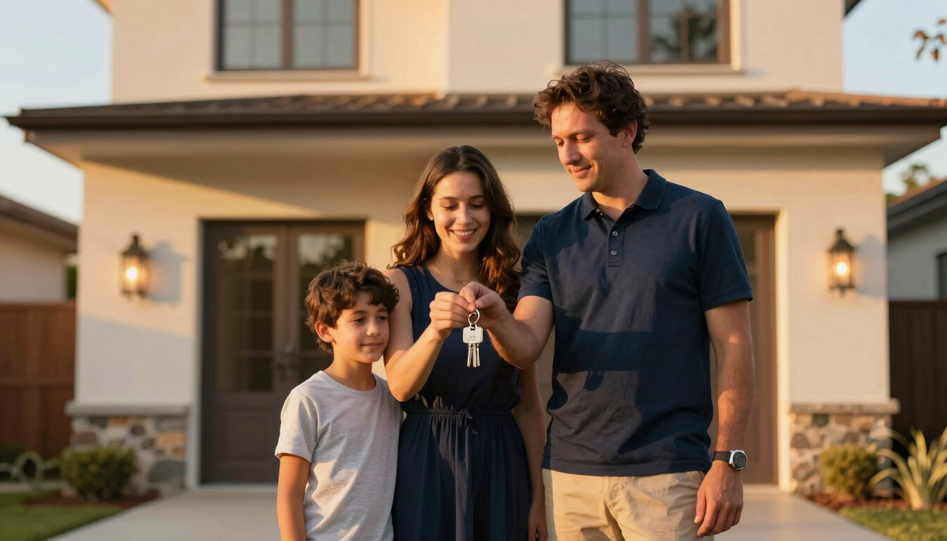 A family standing in front of their new modern house, holding keys, warm golden hour light, authentic emotional relief.
