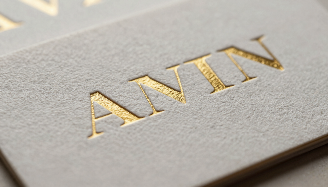 Macro shot of embossed business cards showing heavy linen texture and gold foil lettering, soft diffused side lighting.