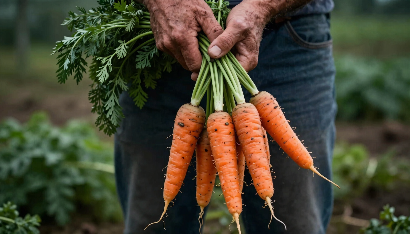 A vertical portrait of a farmer's dirt-stained hands holding a bunch of vibrant, freshly harvested heirloom carrots, shot in soft, moody natural light with deep shadows.