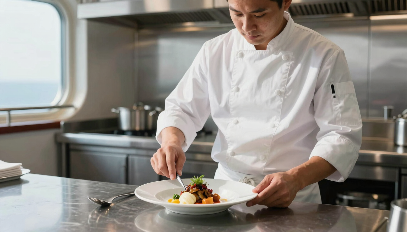 A professional chef in a clean white uniform plating a dish in a modern cruise ship galley, shining stainless steel background, warm natural light, 35mm.