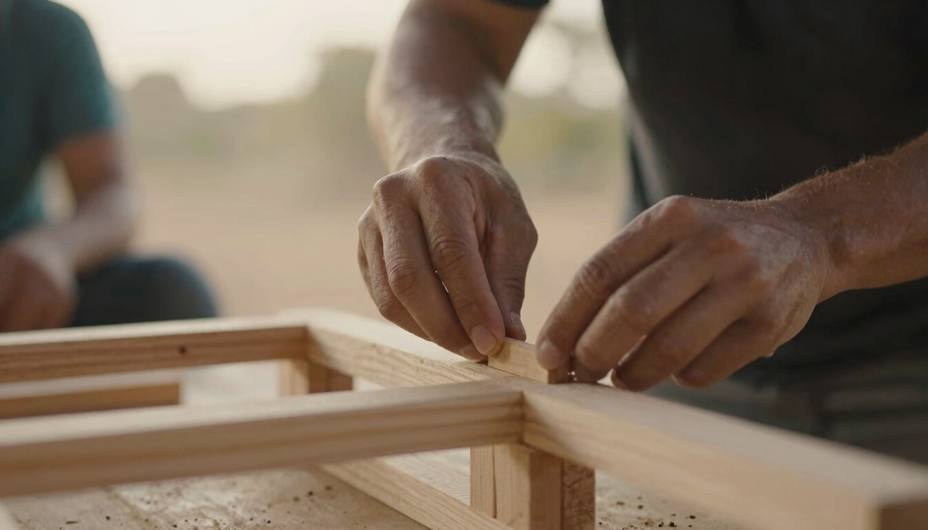 Close-up of hands working together to build a wooden structure in a community space, soft warm golden hour light, authentic candid moment.