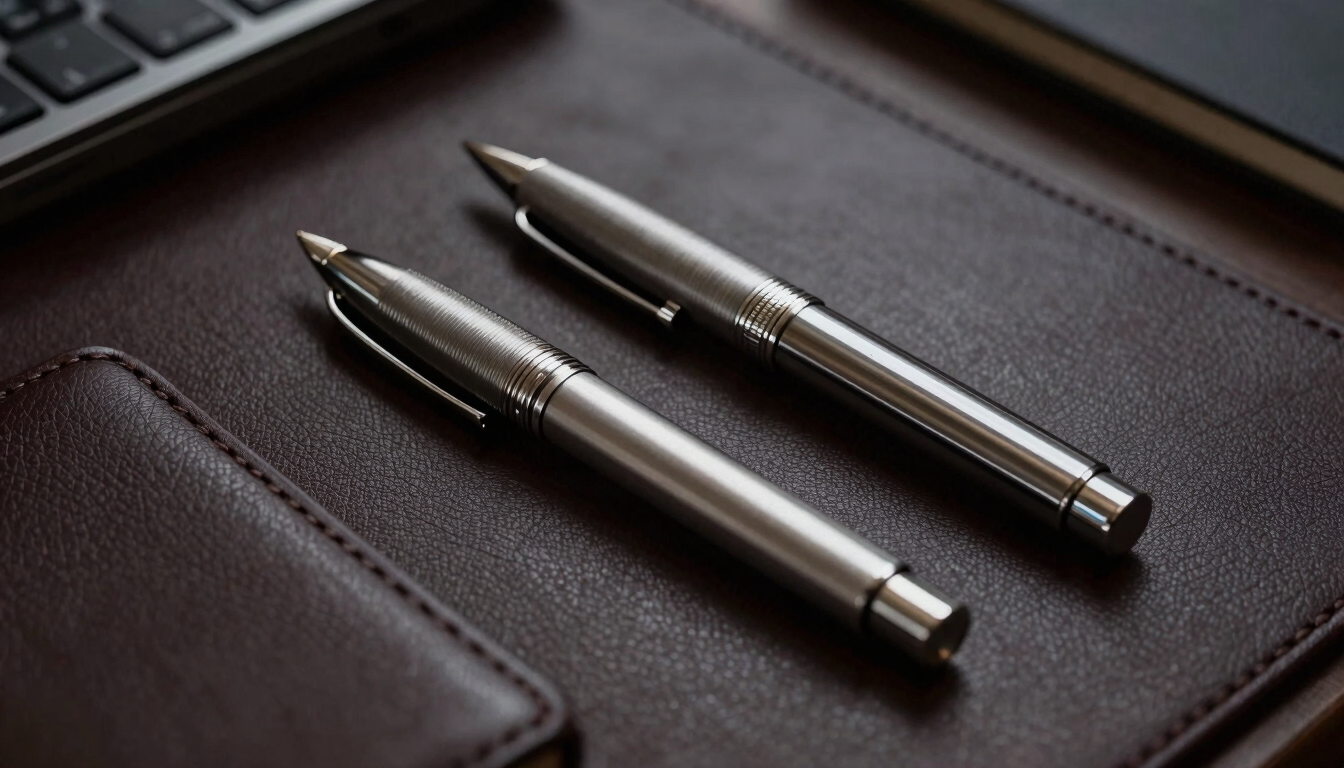 Tight macro shot of a luxury executive desk, brushed steel writing instruments, textured dark leather, subtle silver reflections, low-key dramatic lighting.
