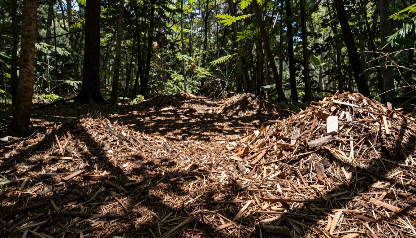 Wide environmental shot of a reclaimed forest understory, sunlit trees casting long shadows on a fresh, clean mulch bed, zero debris piles