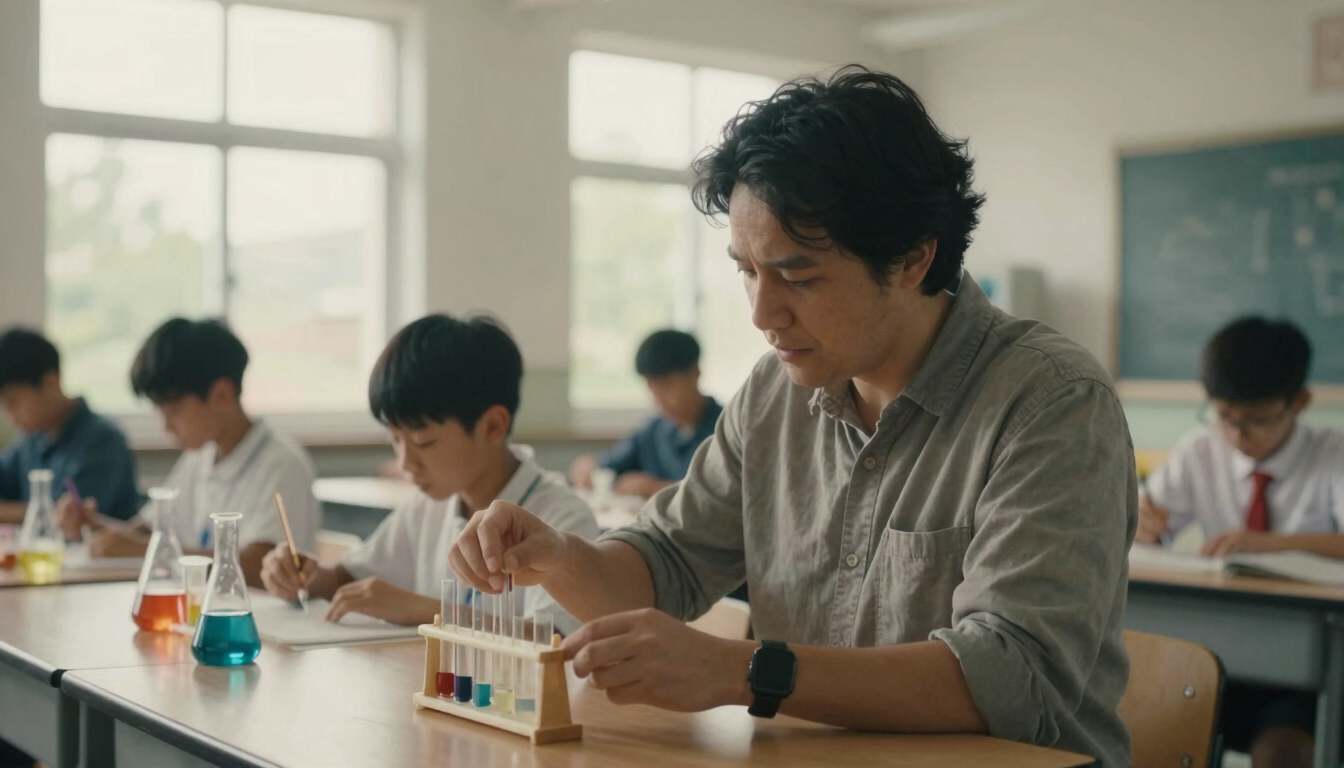 A medium-wide environmental portrait of a teacher in a sunlit, active classroom, helping a student with a science experiment in the background, soft overcast outdoor light through large windows, muted organic tones, 35mm film grain.