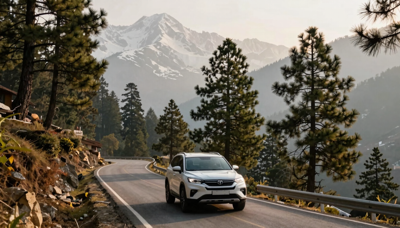 A clean private SUV driving along a winding mountain road lined with tall pine trees in Himachal, soft morning sunlight, majestic peaks in the distance.