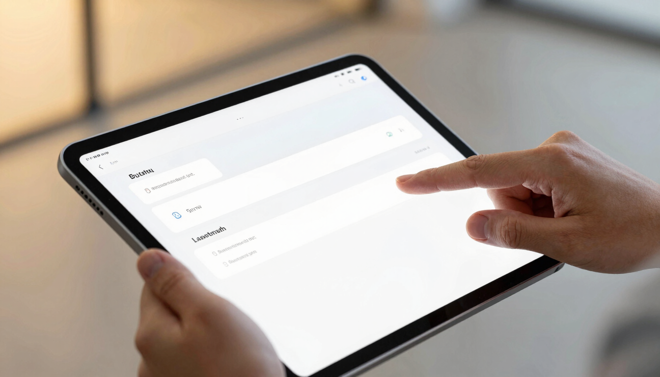 Close-up of hands interacting with a high-end digital tablet showing clean educational interfaces, warm gold ambient light, sharp focus, 35mm