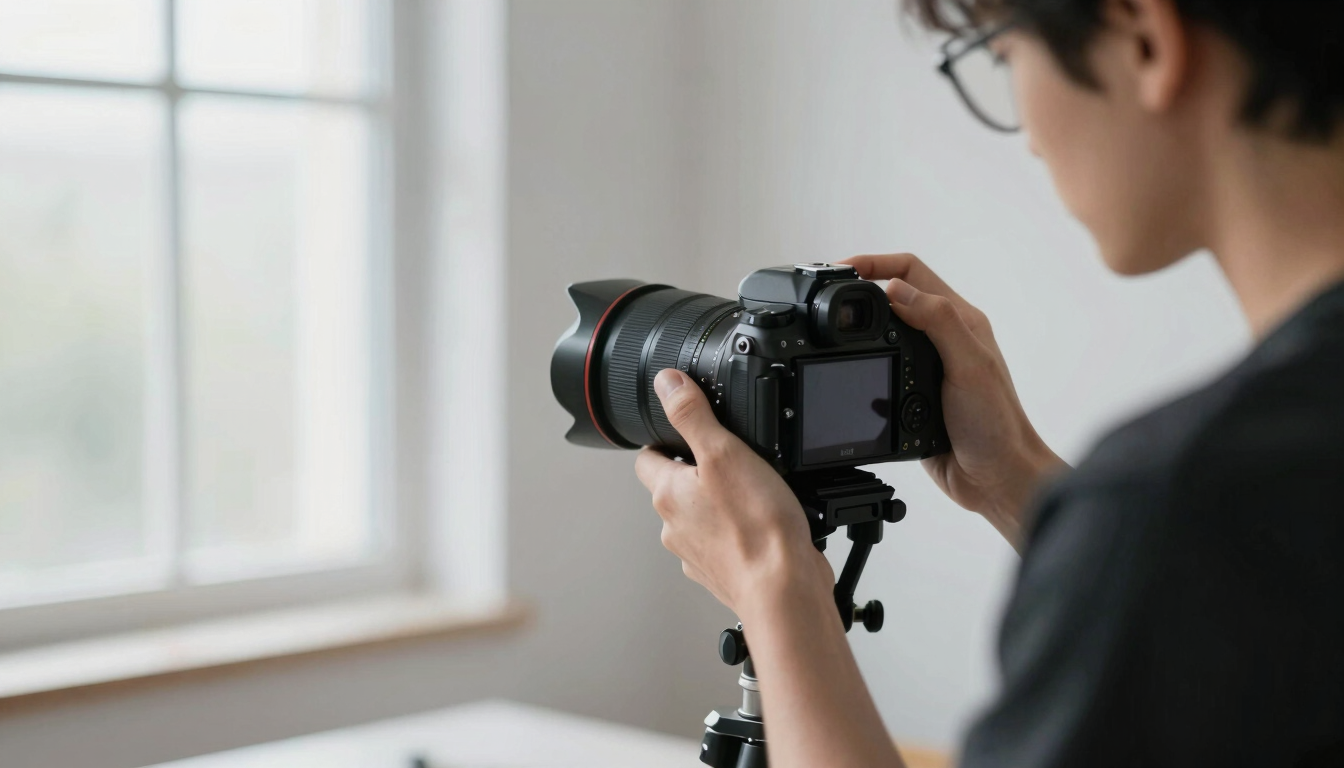 A focused creator adjusting a camera in a minimalist studio setup, soft natural window light, shallow depth of field, 35mm.