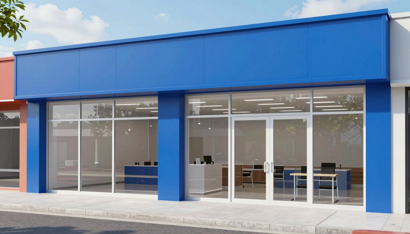 Medium-wide environmental shot of a modern local business storefront with a clean interior, bright natural daylight, crisp corporate blue tones, sharp focus.
