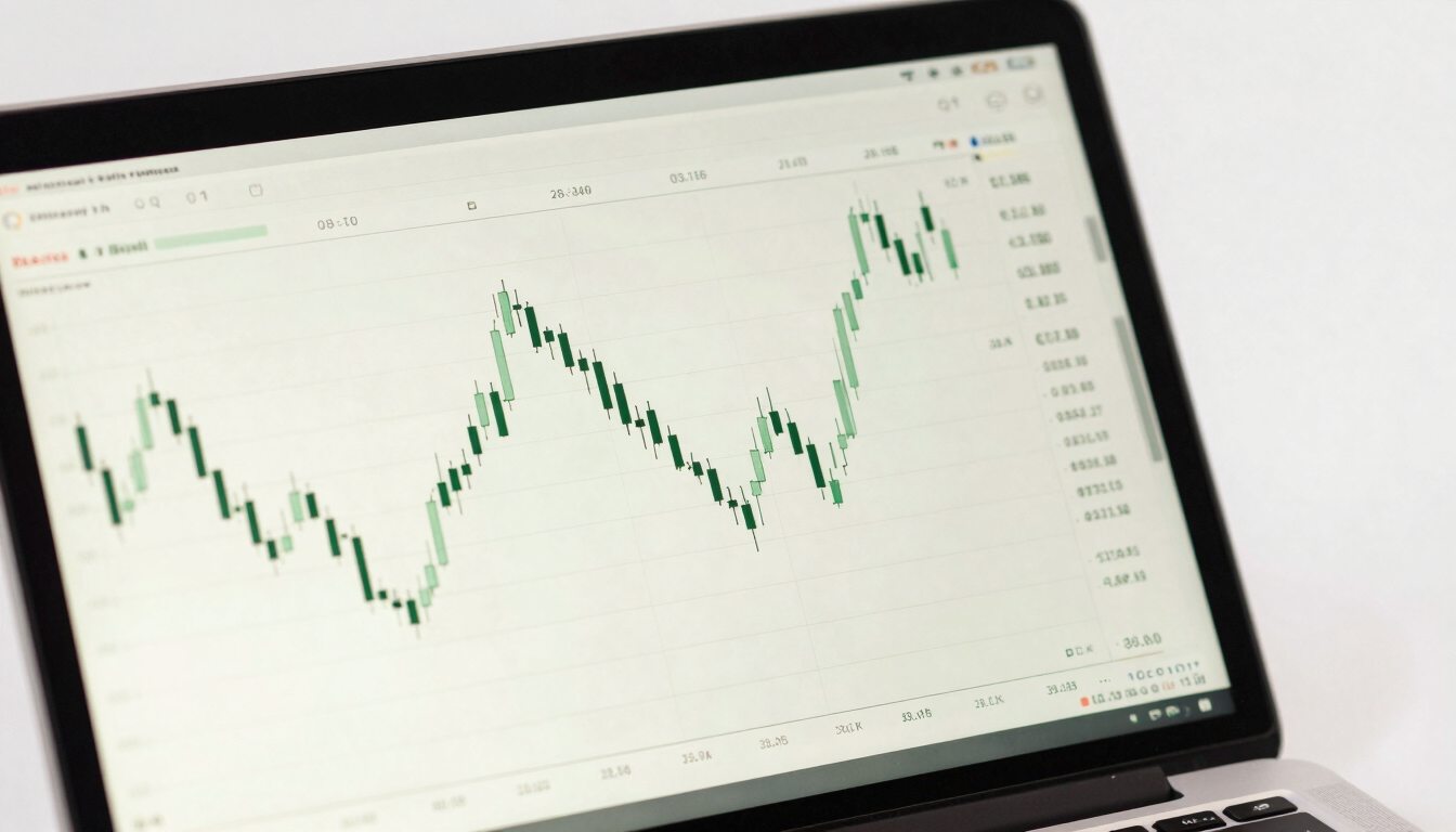 Close-up detail of financial charts on a high-end laptop screen, soft studio lighting, clean editorial style.