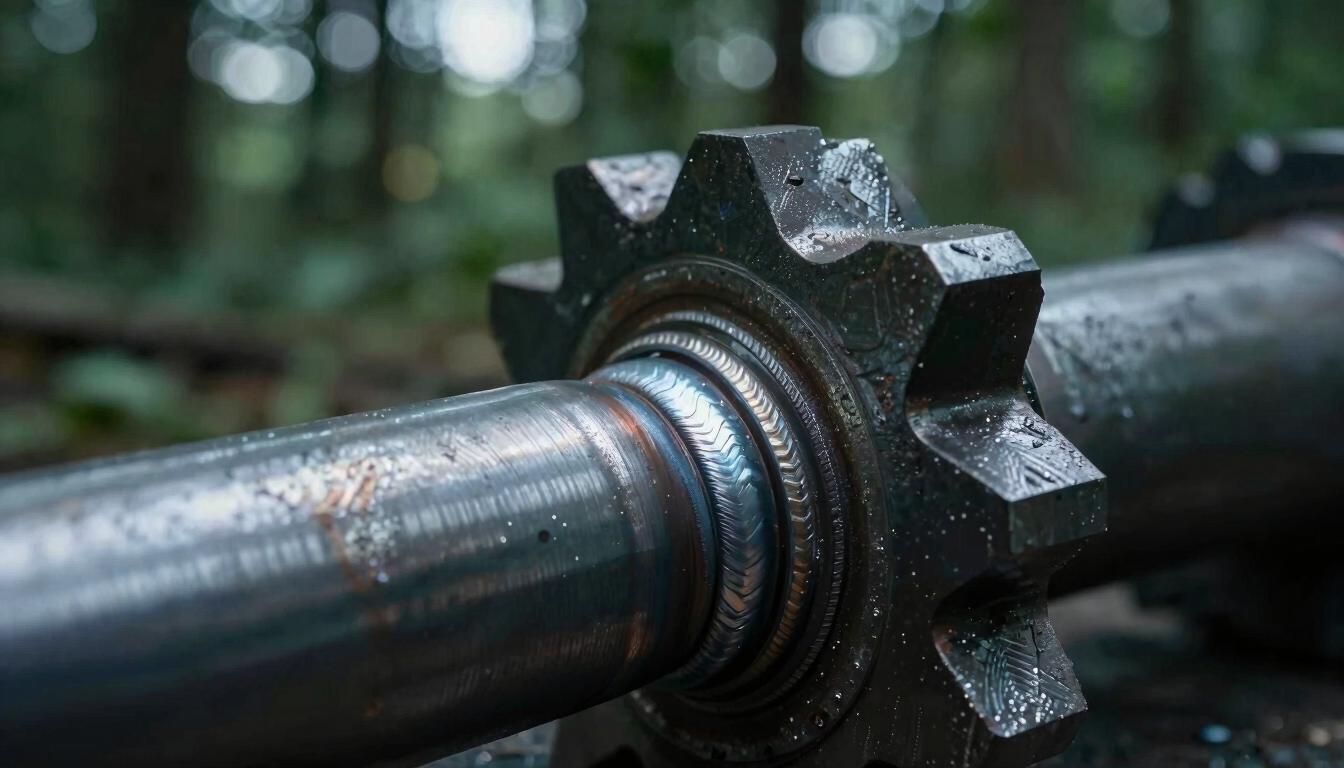 Macro close-up of heavy-duty steel cutting drum welds, cool workshop lighting, high-contrast raw metal textures and sharp details