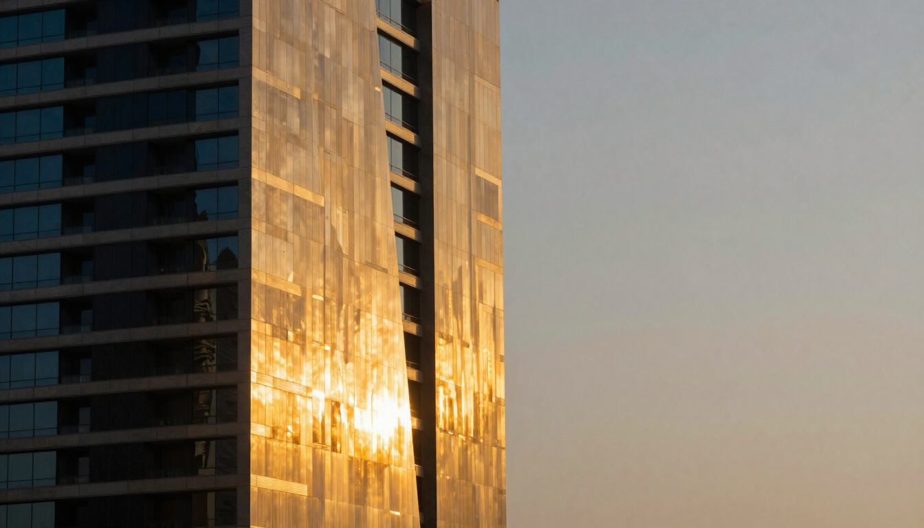Dramatic architectural crop of Dubai waterfront high-rise at twilight, sharp angles, brushed brass cladding reflecting golden hour light, negative space on right.