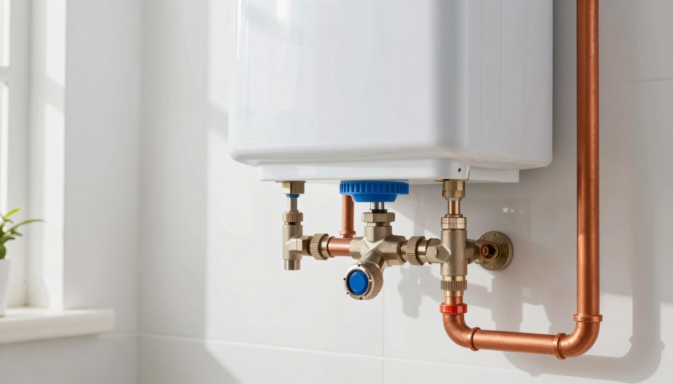 A clean, newly installed water heater with polished copper pipes in a bright, well-lit utility room, sharp focus.
