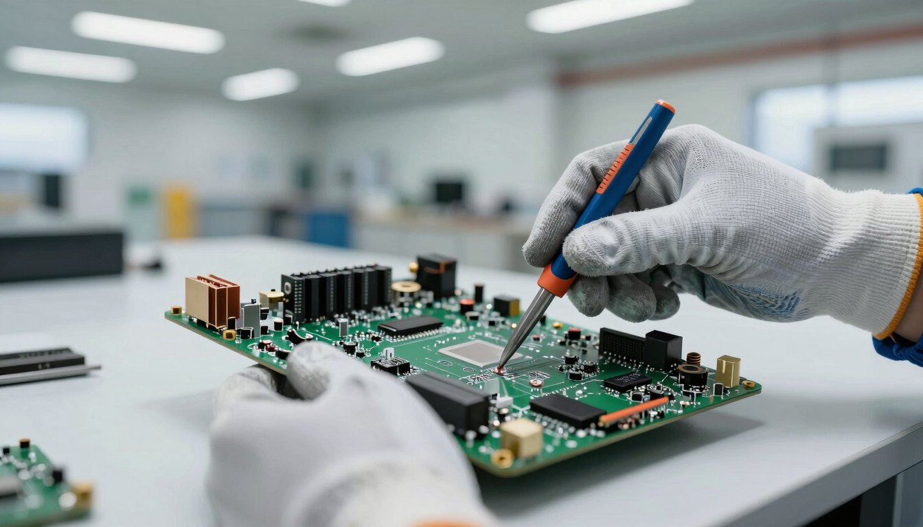 Close-up of hands wearing heavy-duty protective gloves dismantling a computer motherboard with precision tools, clean industrial warehouse lighting, deep green and silver tones.