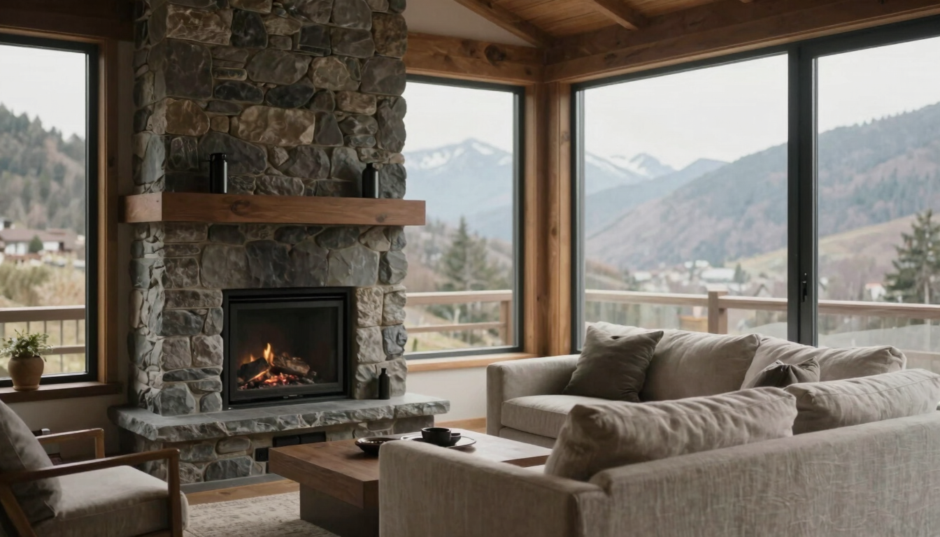 A softly lit interior living space of a modern mountain retreat, featuring a stone fireplace, linen sofa, overcast daylight through large windows.