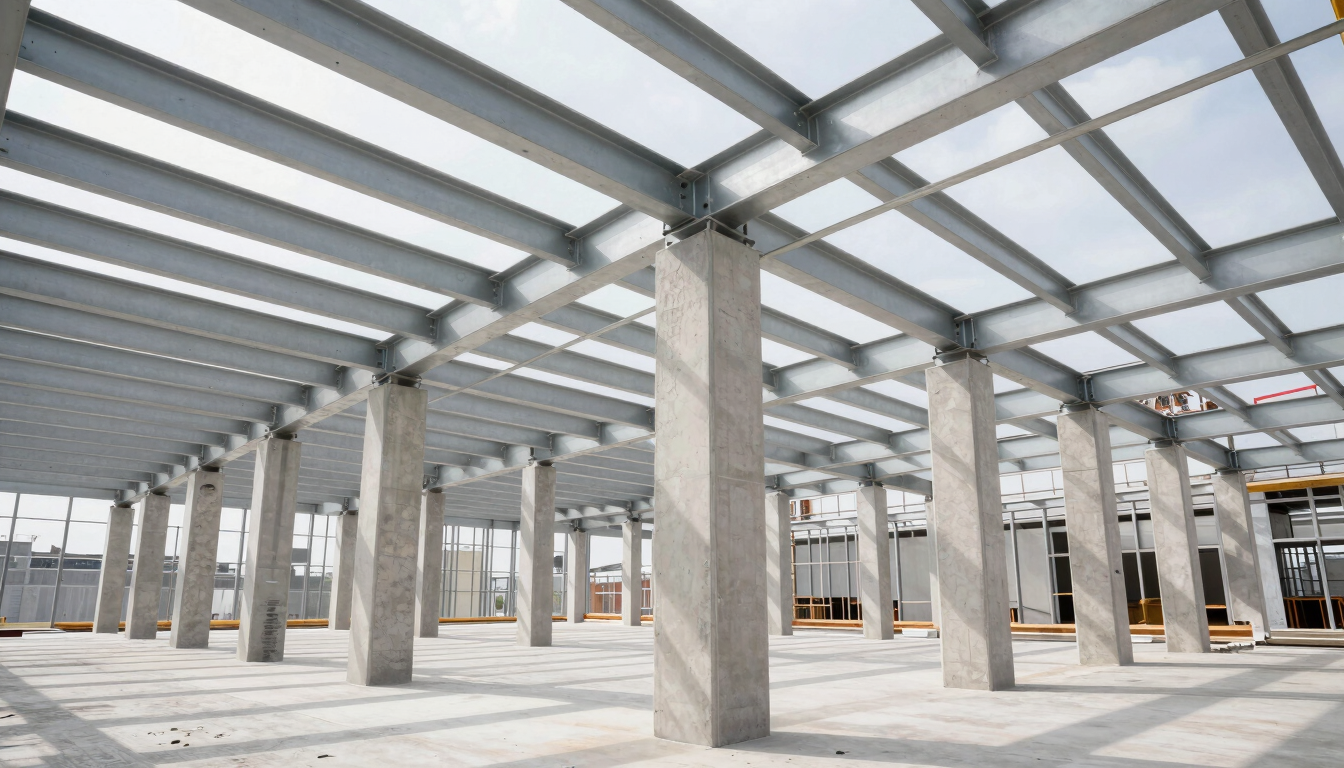 Wide-angle architectural shot of a modern commercial structural framing project in New York, steel beams and concrete columns under bright daylight, clean lines