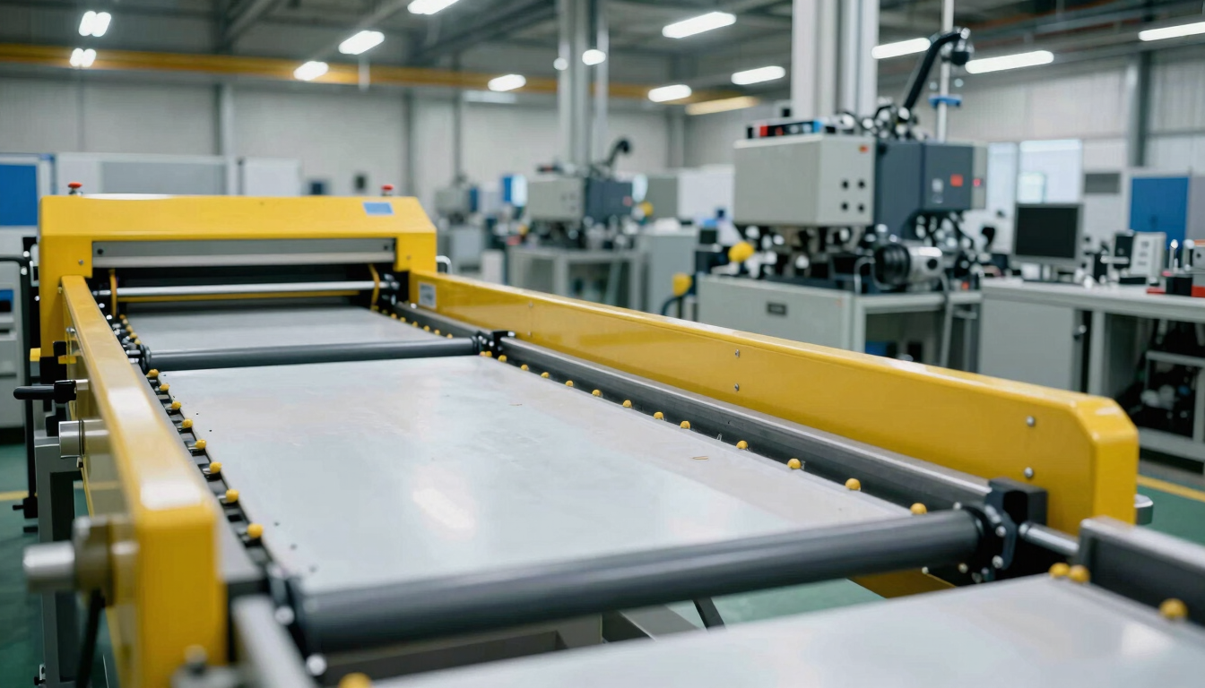 Wide environmental shot of an advanced optical sorting line in a clean, well-lit industrial materials recovery plant, high-contrast shadows, safety yellow machinery accents, cool crisp warehouse lighting.
