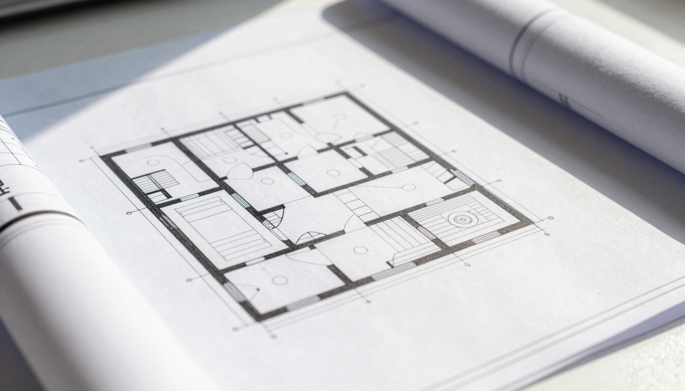 Tight macro detail of a structured architectural blueprint resting on a clean white desk, sharp shadows, bright natural daylight, technical precision.
