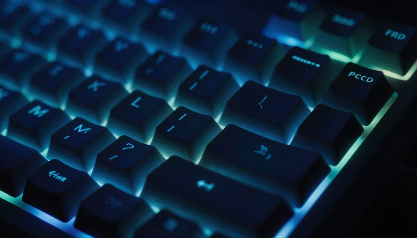 Macro close-up of a mechanical keyboard with cool blue ambient screen glow, deep shadows, shallow depth of field
