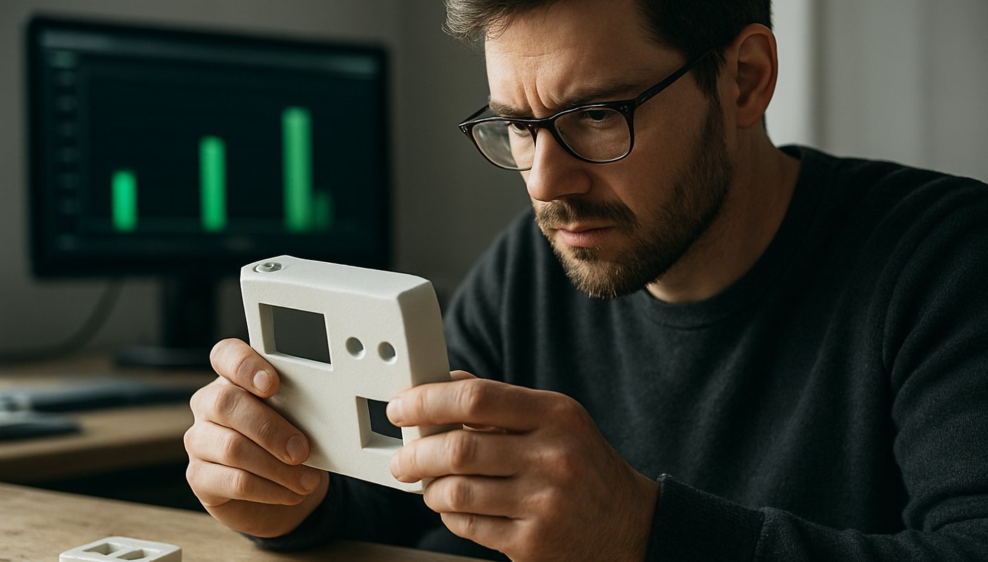 Crisp editorial close-up of a technical founder reviewing a physical prototype on a workbench under natural side-lighting, signal-green indicators on a screen in the background.