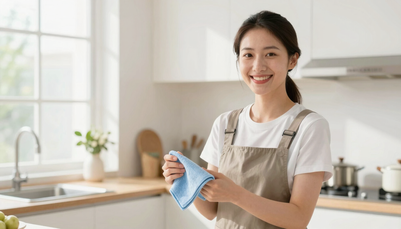 A smiling professional female cleaner in a bright, high-key sunlit residential kitchen, holding a fresh microfiber cloth, warm friendly tones, 35mm photography