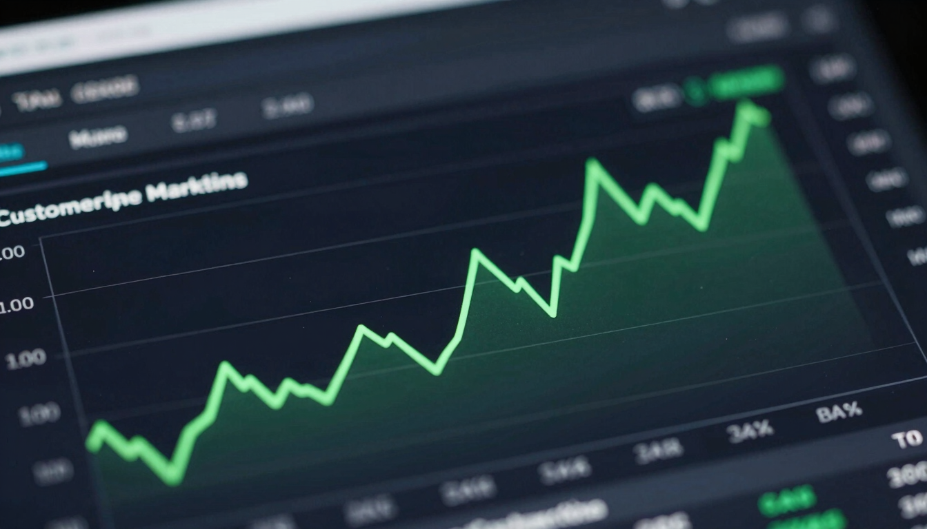 Macro close-up of a dark-mode performance marketing dashboard, sharp green data lines showing customer acquisition cost trends, clean monospace typography, natural studio light reflections.