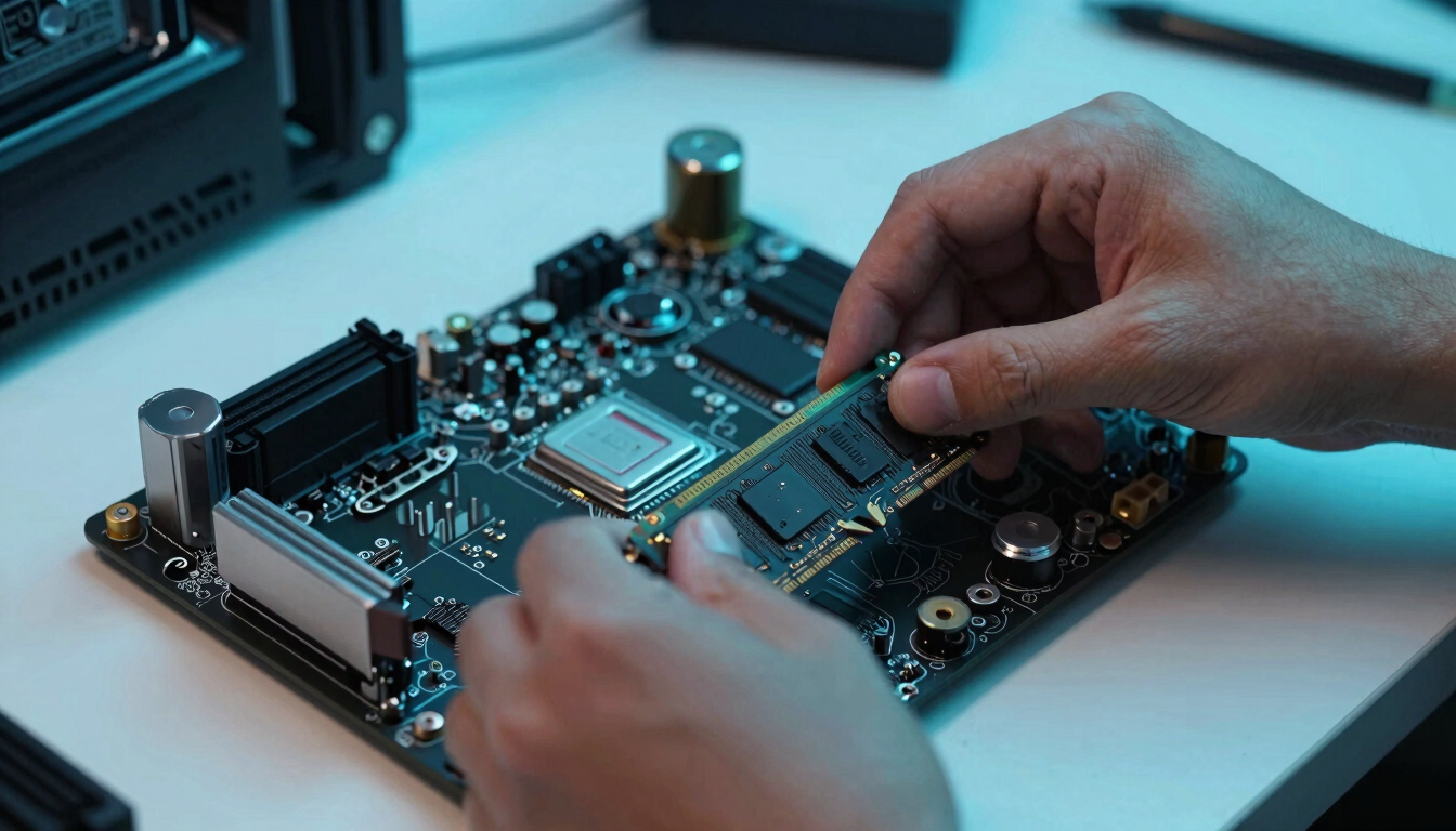 Hands carefully installing RAM into a motherboard on a clean workshop table, high-contrast cool teal lighting, macro lens, 35mm