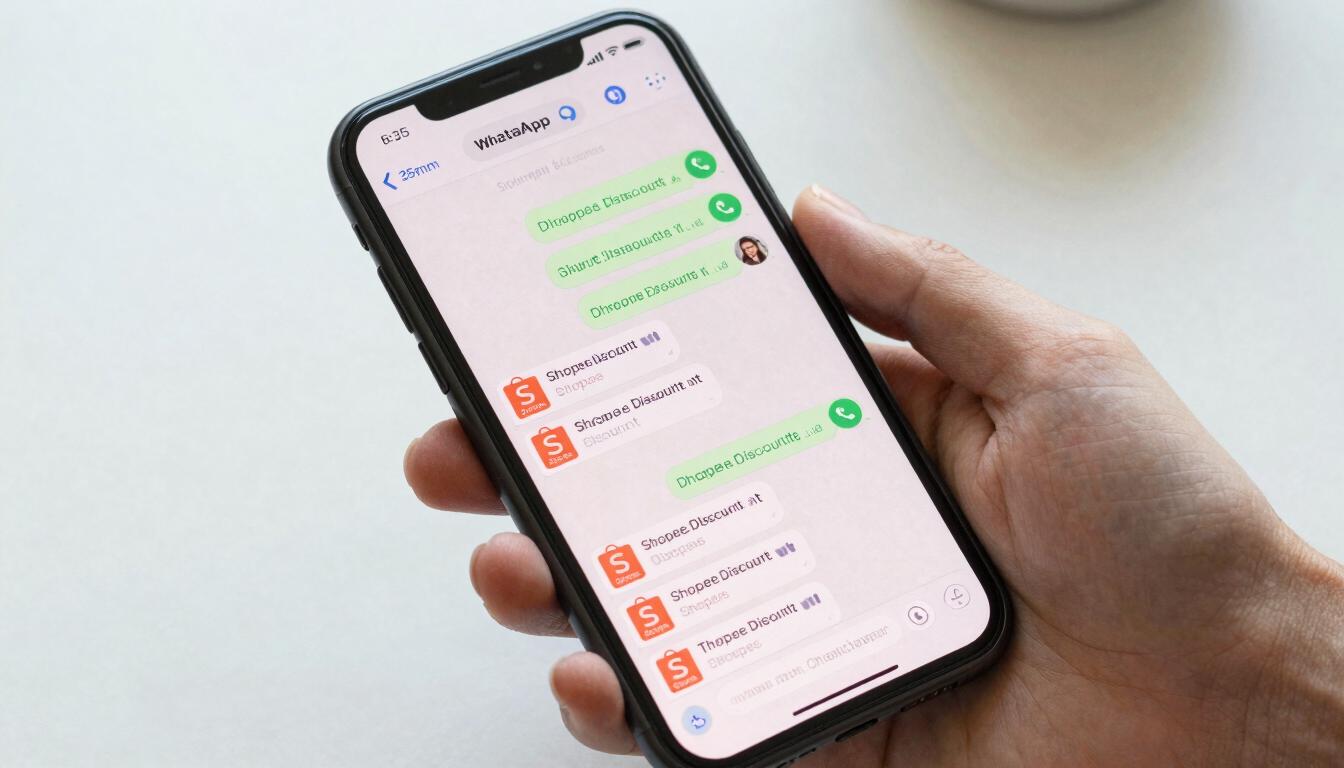 A hand holding a smartphone displaying a clean WhatsApp chat preview with active Shopee discount links, bright natural daylight, 35mm