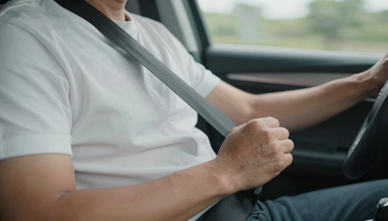 Close-up of a professional driver's hands safely securing a seatbelt for a passenger, clean vehicle interior, soft daylight filtering through the window.