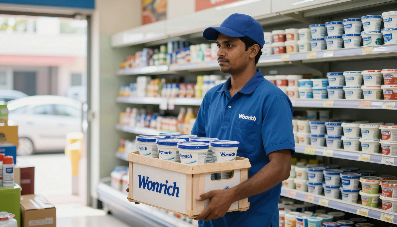 A delivery professional in a clean uniform carrying a crate of fresh Wonrich yogurt cups into a bright Sri Lankan grocery store, natural morning light, sharp focus.