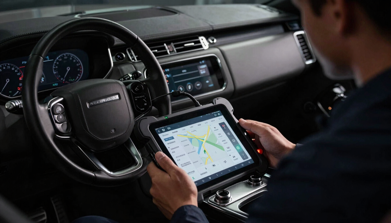 A vertical portrait shot of a certified mechanic using a high-end tablet diagnostic tool connected to a modern Range Rover dashboard, dramatic metallic reflections, low-key lighting.