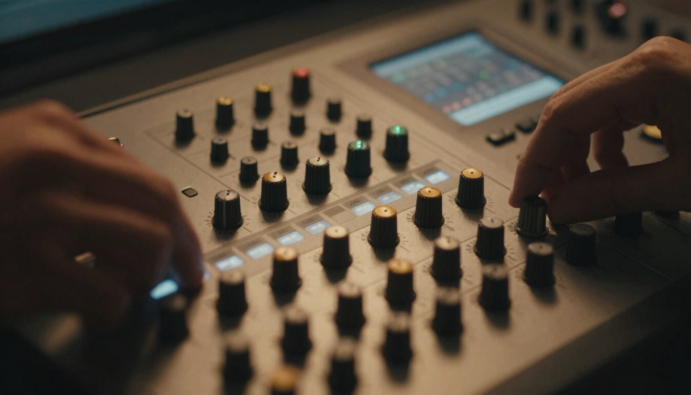 Extreme close-up of a professional color-grading control surface, hands adjusting dials, soft amber and slate blue light reflecting off the metallic panel