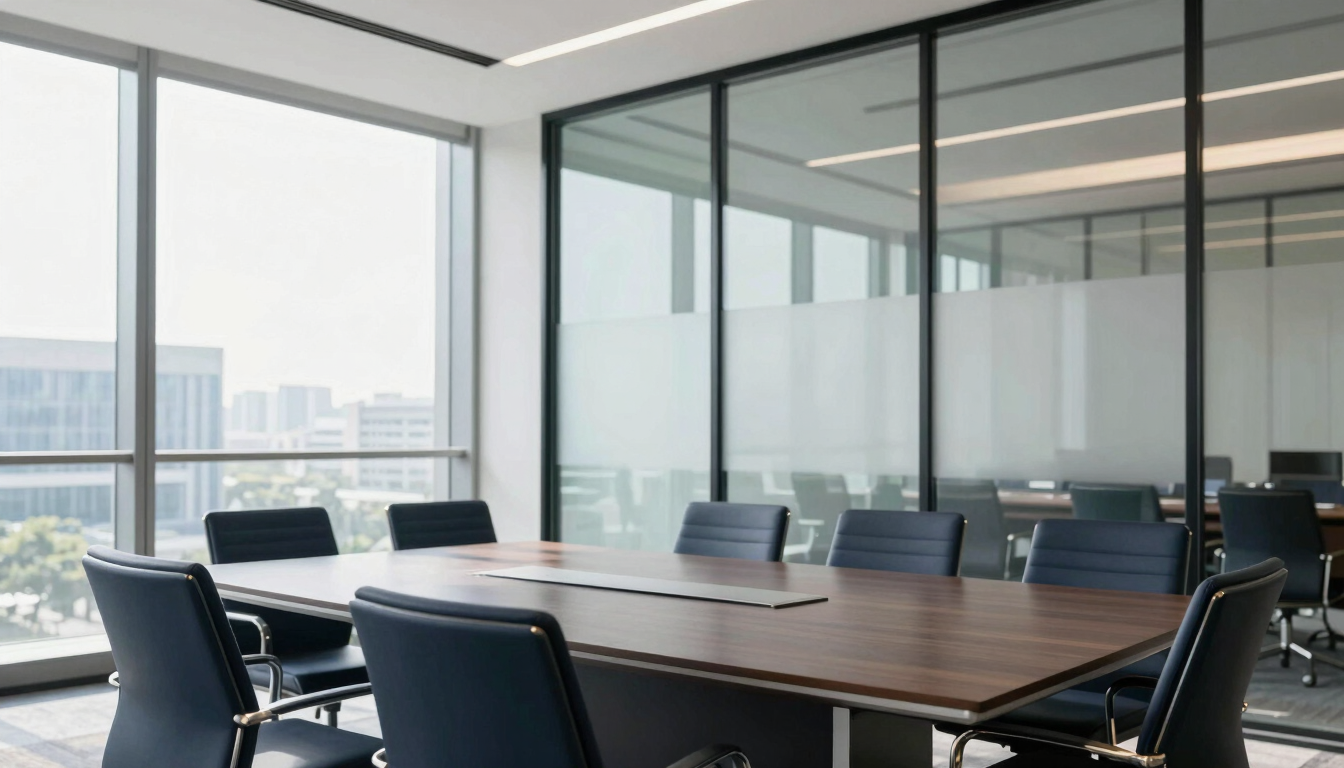 A modern boardroom with structured glass walls, clean lines, bright daylight, soft shadows, reflecting corporate authority and architectural clarity.