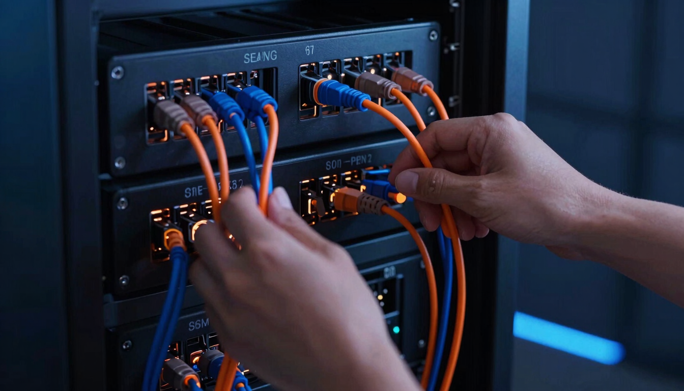 Sleek dark-mode technology setup, close-up of developer hands configuring server nodes, glowing orange and deep blue fiber optic cables, high-contrast studio lighting, 35mm lens