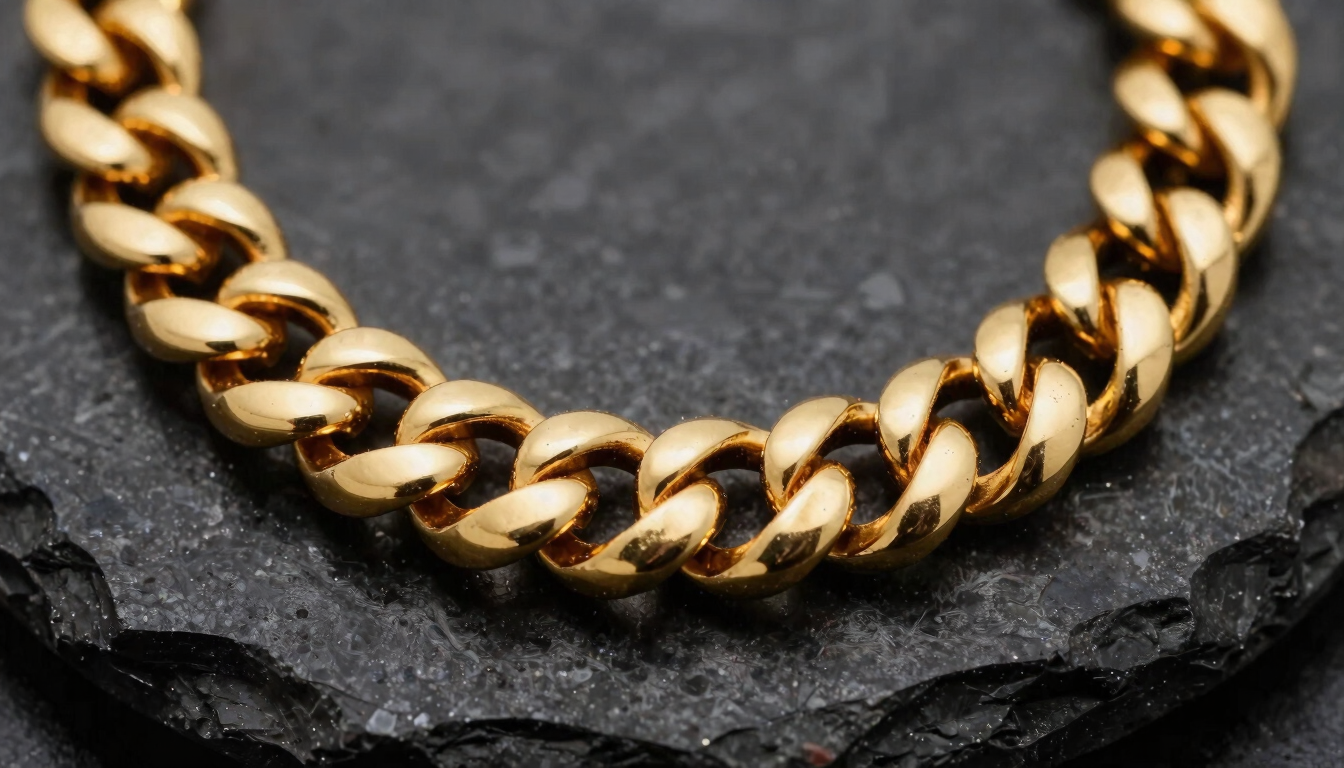 Macro close-up of heavy gold Cuban links resting on dark obsidian stone, soft directional studio strobe lighting, high-contrast specular highlights, 85mm.