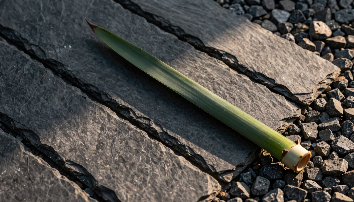 Macro shot of raw slate tiles and dark gravel with a single structural agave leaf cutting diagonally across the frame, high-contrast late afternoon shadows.