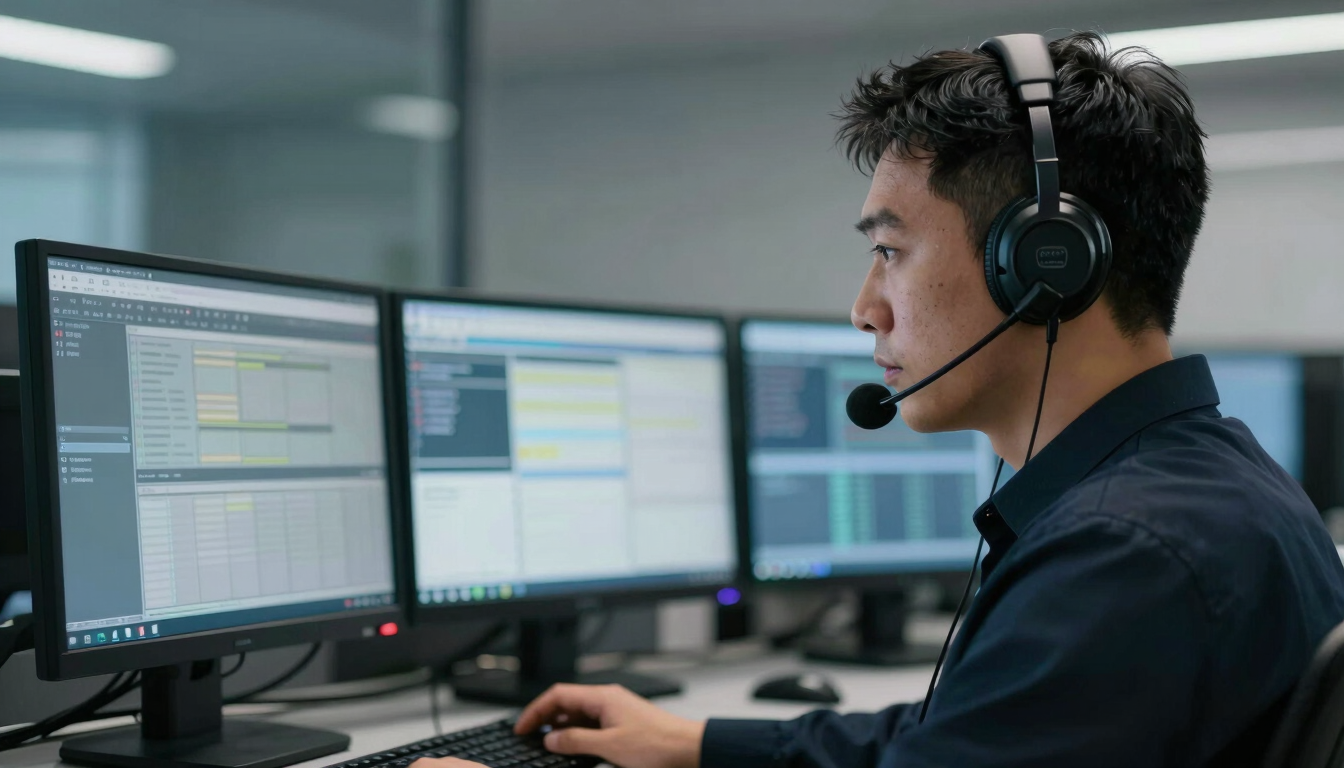 Close-up of a professional dispatcher working at a multi-screen terminal, cool industrial lighting, high-contrast details.