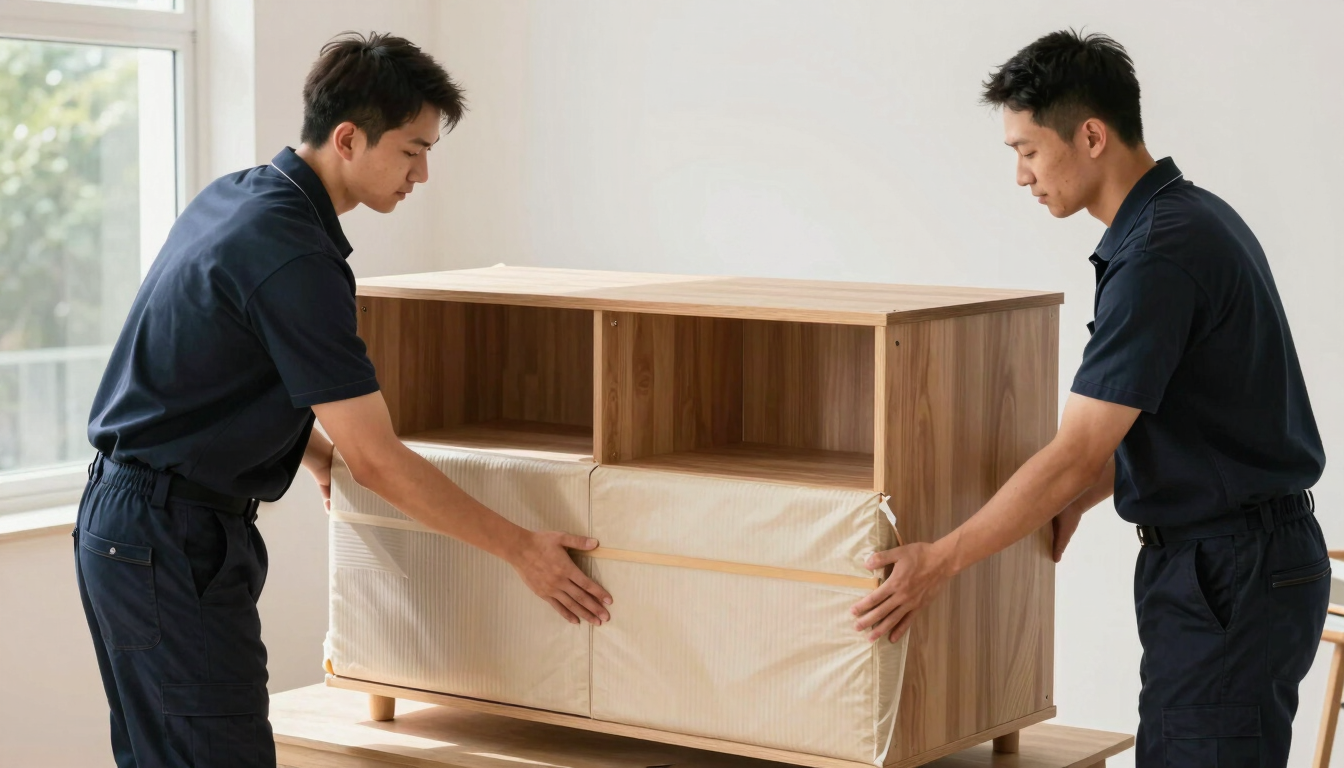 Crisp editorial photo of professional movers in clean dark navy uniforms carefully wrapping a wooden cabinet with protective padding, bright morning daylight, sharp focus, 35mm lens