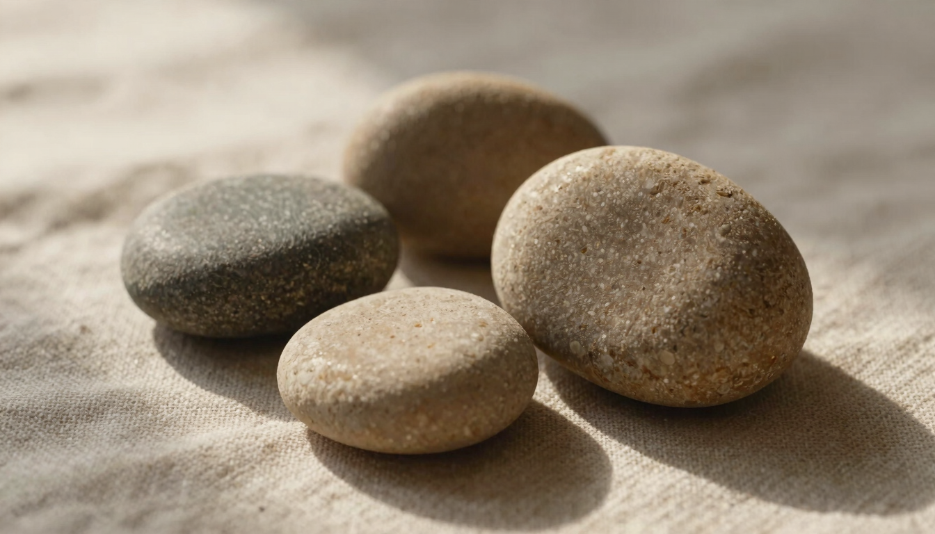 Intimate macro shot of warm, smooth basalt stones resting on textured organic linen, diffused afternoon light, soft shadows.