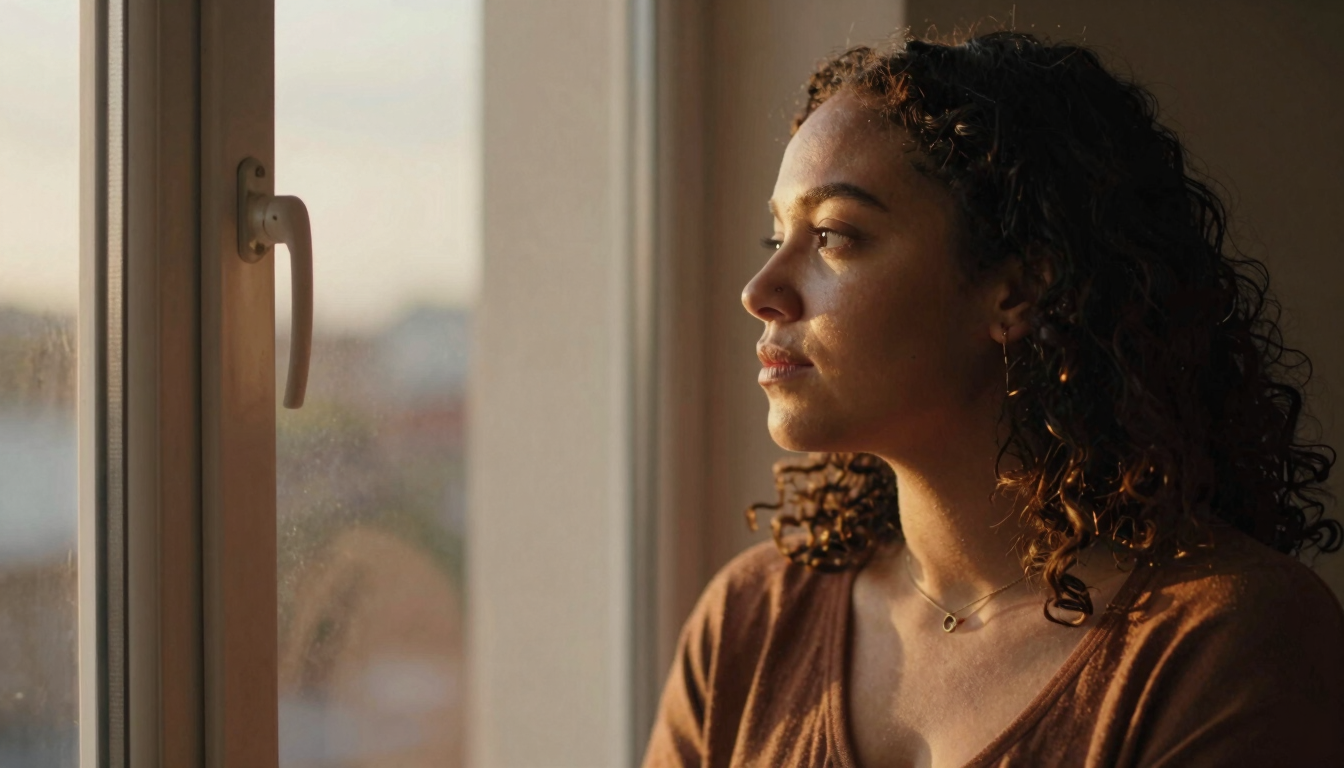 A warm, thoughtful portrait of a queer woman looking out a window, soft golden-hour light, rich earthy tones, 35mm