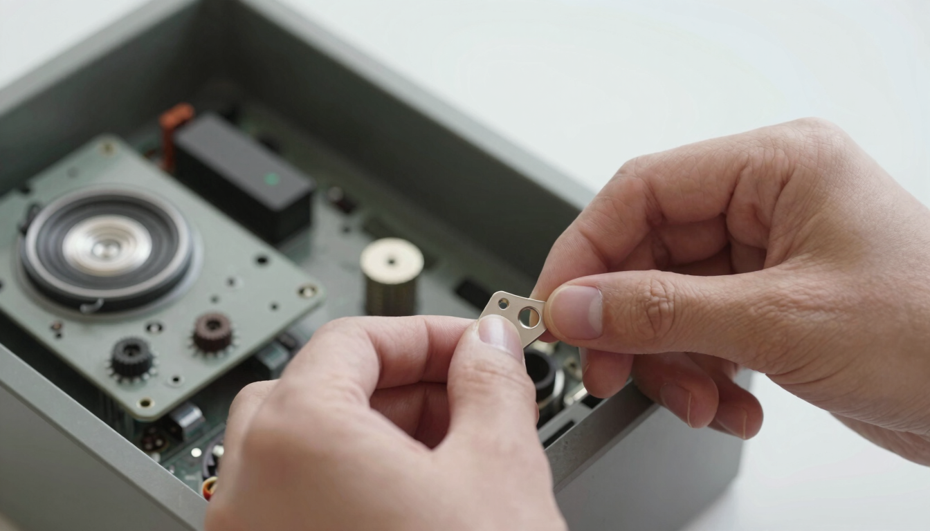 Macro detail of hands assembling vintage computer hardware under soft daylight, clean and structured composition, medium format